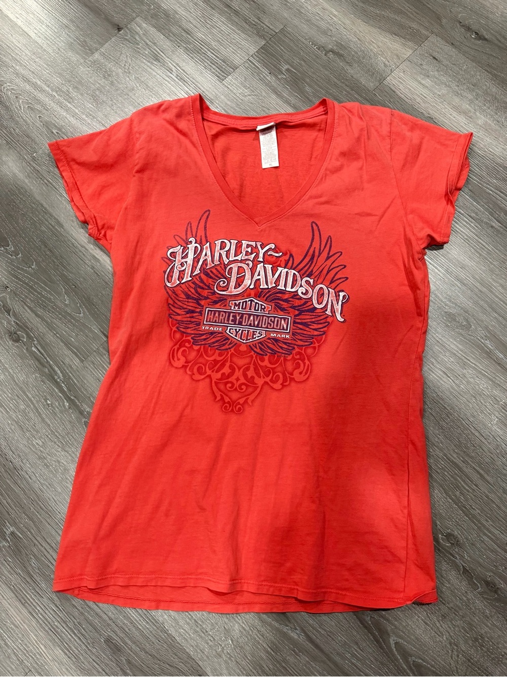 Harley-Davidson Coral Red V‑Neck Tee with Navy Accent